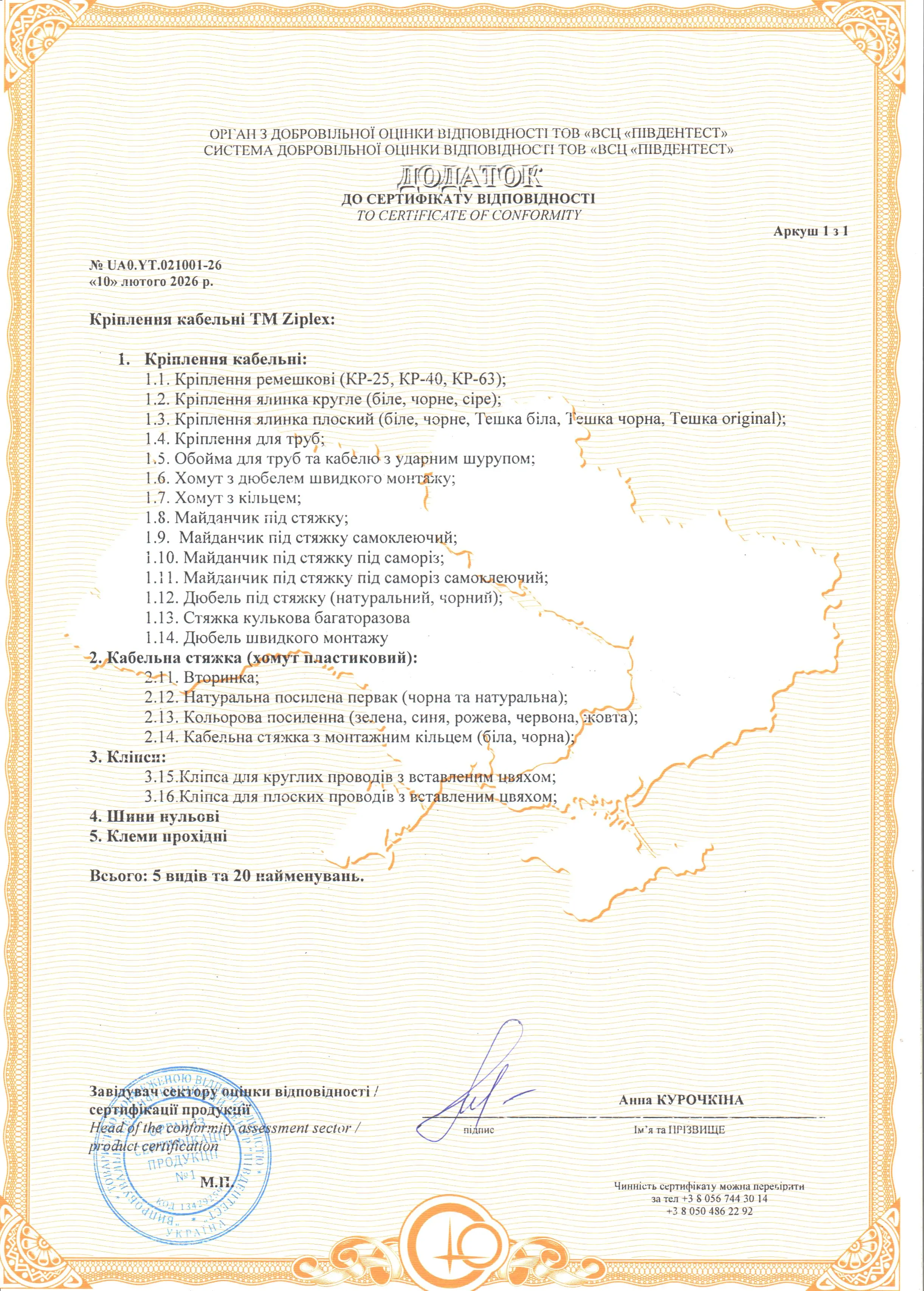 Сертифікат відповідності для кабельних кріпленнь